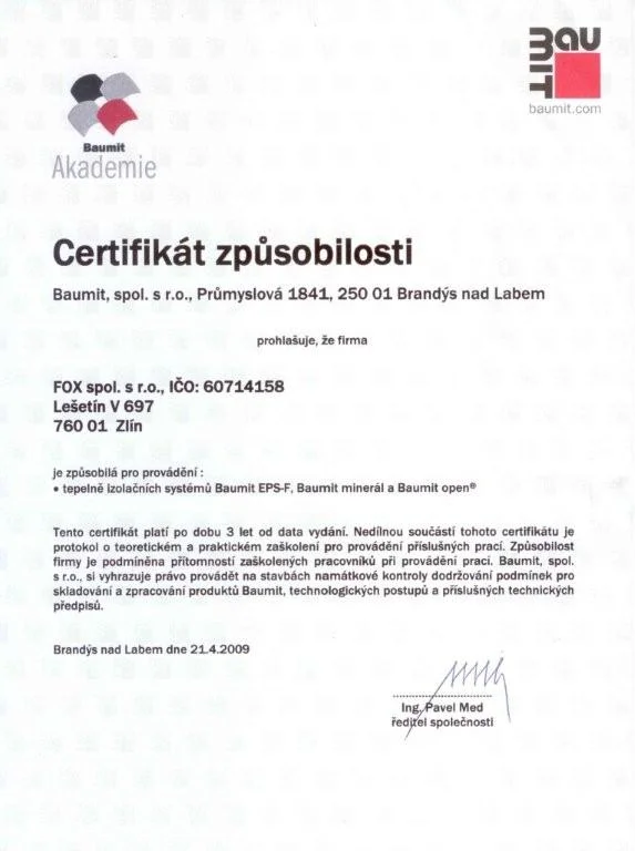 Certifikát způsobilosti Baumit